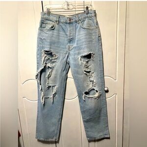 Zara straight leg high rise distressed button fly jeans 8